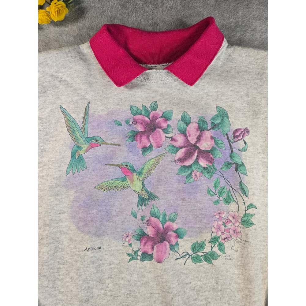 Vintage 90s Hanes Hummingbird Floral Crewneck Sweatshirt XL Pink Collar Arizona